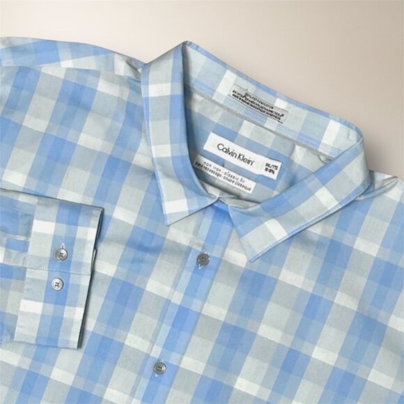 Calvin Klein Men's XXL Blue Plaid Non Iron Classic Fit Button Up Shirt Preppy - Picture 1 of 6